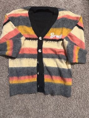 Kids Striped Button Cardigan - Ivory, Gray & Coral